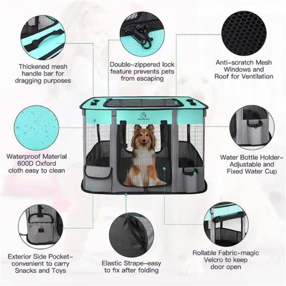 Foldable Dog Cat Playpens, Portable Exercise Kennel Tent Water-Resistant, Green